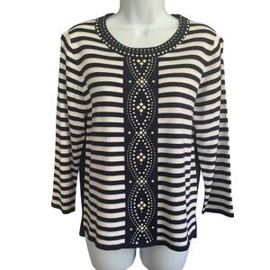 Alfred Dunner Women Striped Sparkle Beaded 3/4 Sleeve Pullover Sweater Petite PS